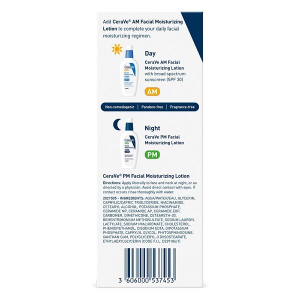 CeraVe PM Facial Moisturizing Lotion, Night Cream with Hyaluronic Acid and Niacinamide, - Image 2