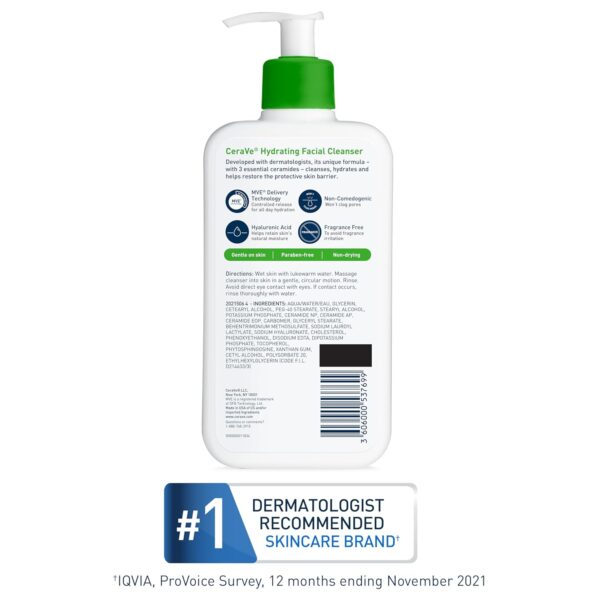 CeraVe Hydrating Facial Cleanser, Moisturizing Face Wash For Dry Skin, Hyaluronic Acid + Ceramides - Image 2